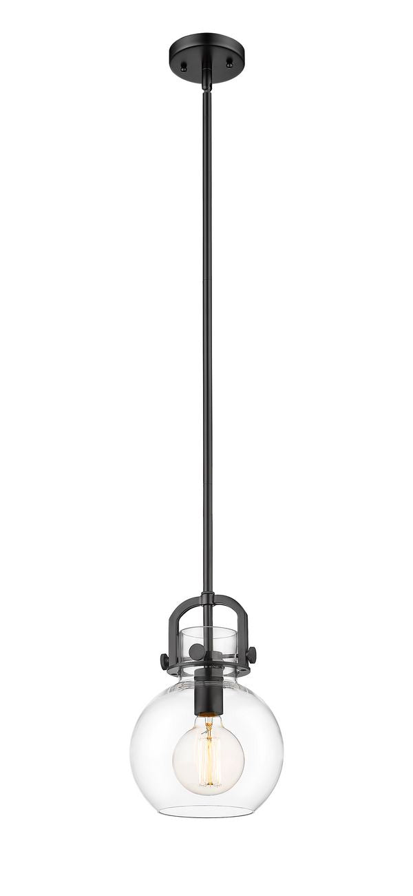 410-1S-BK-8CL Stem Hung 8" Matte Black Mini Pendant - Clear Newton Sphere Glass - LED Bulb - Dimmensions: 8 x 8 x 11.375<br>Minimum Height : 20.375<br>Maximum Height : 44.375 - Sloped Ceiling Compatible: Yes