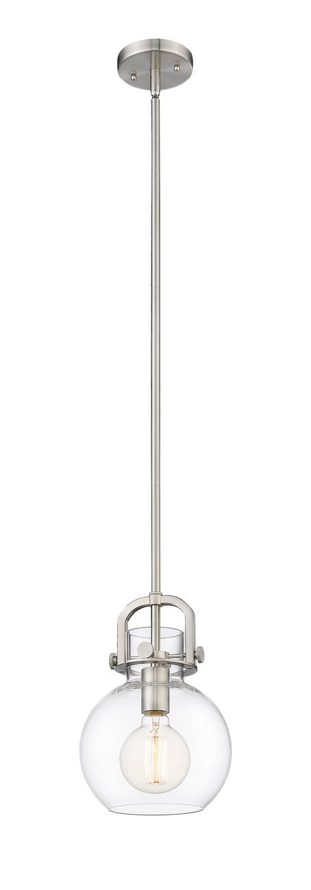 410-1S-SN-8CL Stem Hung 8" Brushed Satin Nickel Mini Pendant - Clear Newton Sphere Glass - LED Bulb - Dimmensions: 8 x 8 x 11.375<br>Minimum Height : 20.375<br>Maximum Height : 44.375 - Sloped Ceiling Compatible: Yes