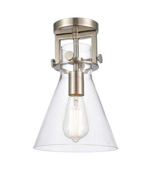 411-1F-SN-8CL 1-Light 8" Brushed Satin Nickel Flush Mount - Clear Newton Cone Glass - LED Bulb - Dimmensions: 8 x 8 x 12 - Sloped Ceiling Compatible: No