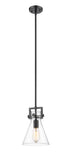 411-1S-BK-8CL Stem Hung 8" Matte Black Mini Pendant - Clear Newton Cone Glass - LED Bulb - Dimmensions: 8 x 8 x 11.375<br>Minimum Height : 20.375<br>Maximum Height : 44.375 - Sloped Ceiling Compatible: Yes