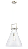 411-1S-SN-14CL 1-Light 14" Brushed Satin Nickel Pendant - Clear Newton Cone Glass - LED Bulb - Dimmensions: 14 x 14 x 17<br>Minimum Height : 26.125<br>Maximum Height : 50.125 - Sloped Ceiling Compatible: Yes