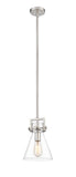 411-1S-SN-8CL Stem Hung 8" Brushed Satin Nickel Mini Pendant - Clear Newton Cone Glass - LED Bulb - Dimmensions: 8 x 8 x 11.375<br>Minimum Height : 20.375<br>Maximum Height : 44.375 - Sloped Ceiling Compatible: Yes
