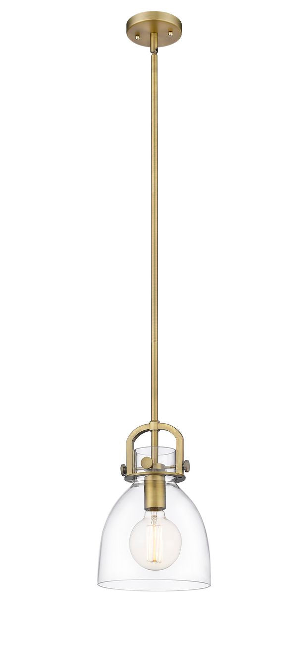 Stem Hung 8" Brushed Brass Mini Pendant - Clear Newton Bell Glass - LED Bulb
