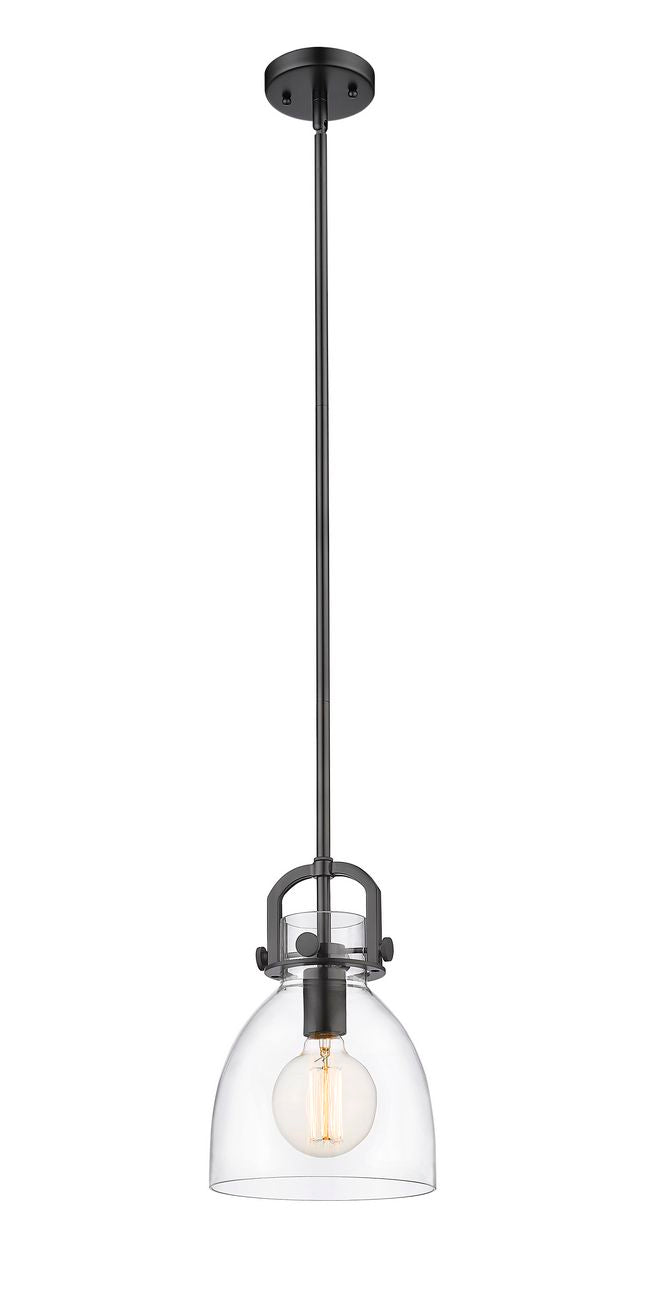 412-1S-BK-8CL Stem Hung 8" Matte Black Mini Pendant - Clear Newton Bell Glass - LED Bulb - Dimmensions: 8 x 8 x 11.375<br>Minimum Height : 20.375<br>Maximum Height : 44.375 - Sloped Ceiling Compatible: Yes