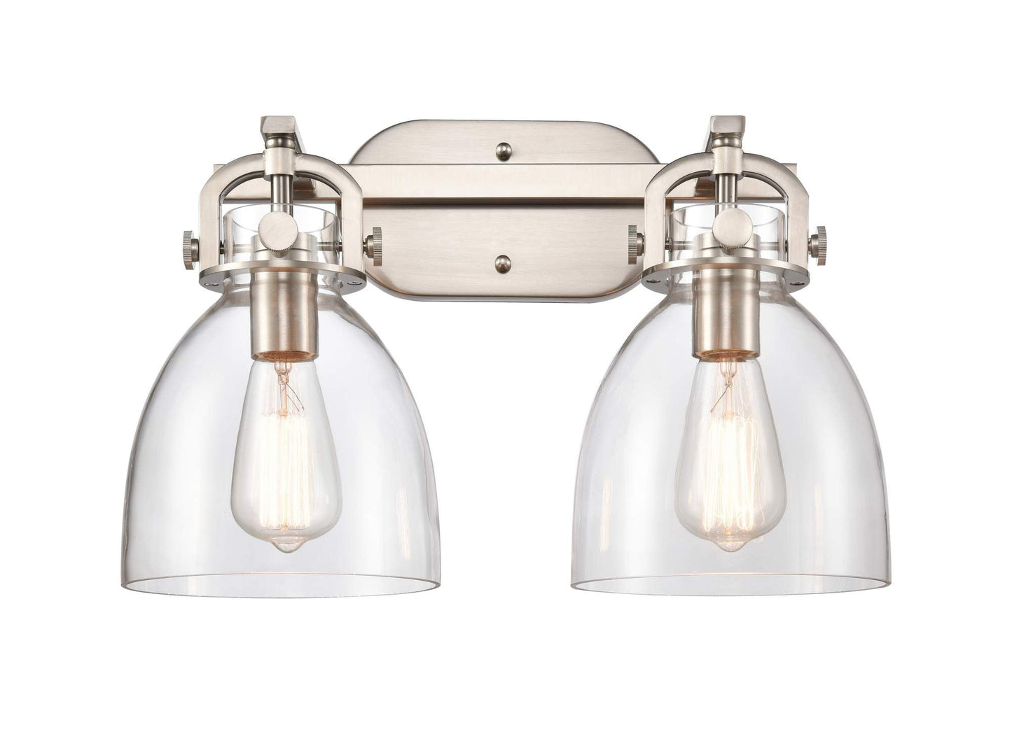 412-2W-SN-7CL 2-Light 17" Brushed Satin Nickel Bath Vanity Light - Clear Large Cone Glass - LED Bulb - Dimmensions: 17 x 8.875 x 12 - Glass Up or Down: Yes