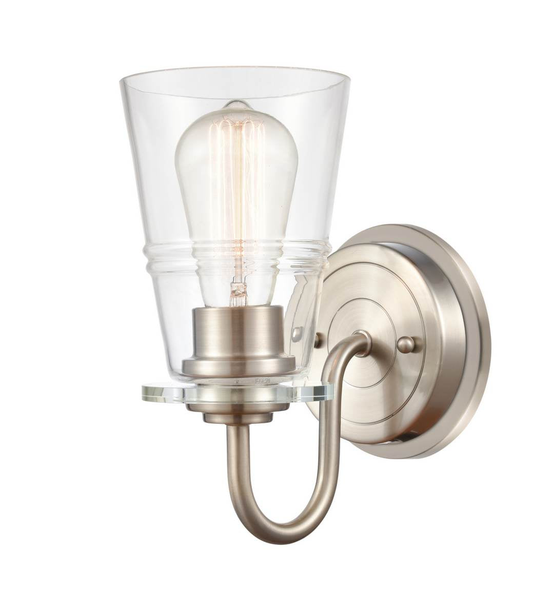 421-1W-SN-G4212 1-Light 4.75" Satin Nickel Bath Vanity Light - Clear Scarlett Glass Glass - LED Bulb - Dimmensions: 4.75 x 7 x 9.625 - Glass Up or Down: Yes