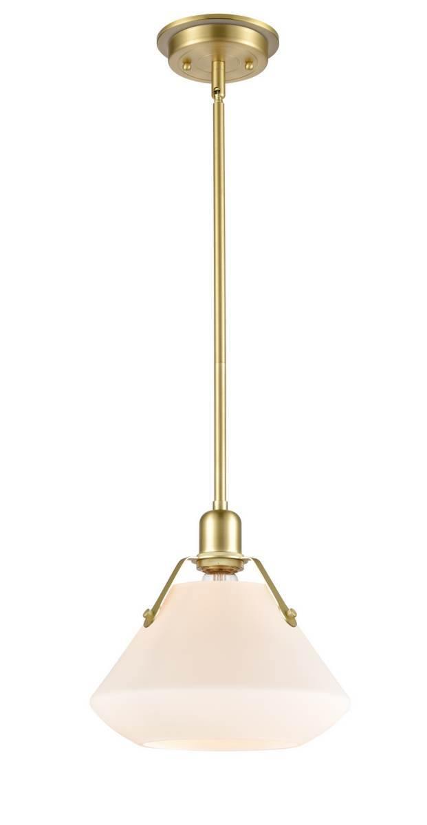 Stem Hung 10.625" Satin Brass Mini Pendant - White Luna Glass Glass Shade - LED Bulb