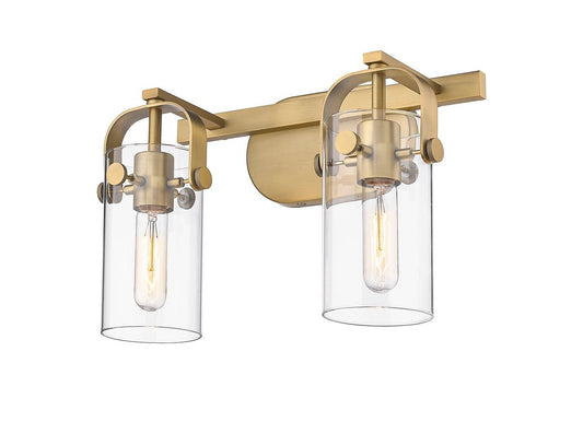 2-Light 14.875" Brushed Brass Bath Vanity Light - Clear Pilaster Glass - LED Bulb