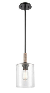 442-1S-BK-G4424-7 Stem Hung 7.125" Matte Black Mini Pendant - Seedy Glass Cylinder Glass - LED Bulb - Dimmensions: 7.125 x 7.125 x 13.125<br>Minimum Height : 21.125<br>Maximum Height : 45.125 - Sloped Ceiling Compatible: Yes - Glass Up or Down: No