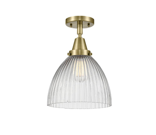 1-Light 9.5" Seneca Falls Flush Mount - Dome Clear Halophane Glass - Choice of Finish And Incandesent Or LED Bulbs
