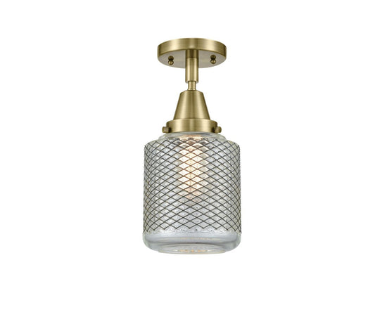 1-Light 6" Antique Brass Flush Mount - Vintage Wire Mesh Stanton Glass - LED Bulb Included