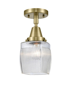 1-Light 5.5" Antique Brass Flush Mount - Thick Clear Halophane Colton Glass LED