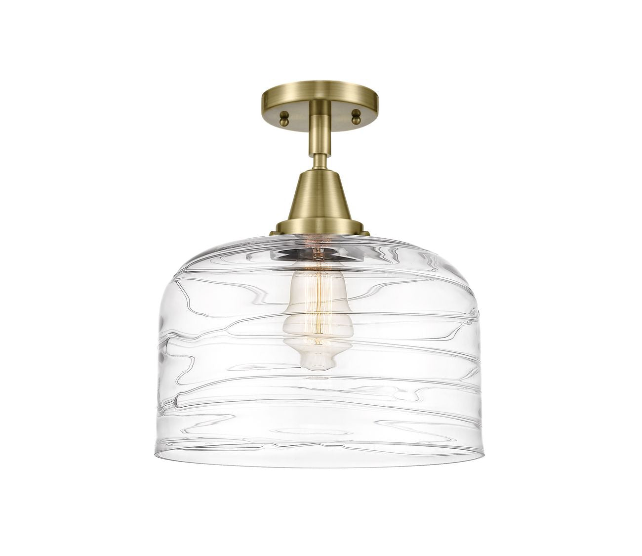 1-Light 12" X-Large Bell Flush Mount - Bell-Urn Clear Deco Swirl Glass - Choice of Finish And Incandesent Or LED Bulbs