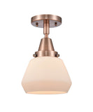 447-1C-AC-G171 1-Light 7" Antique Copper Flush Mount - Matte White Cased Fulton Glass - LED Bulb - Dimmensions: 7 x 7 x 9 - Sloped Ceiling Compatible: No