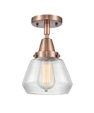 447-1C-AC-G172 1-Light 7" Antique Copper Flush Mount - Clear Fulton Glass - LED Bulb - Dimmensions: 7 x 7 x 9 - Sloped Ceiling Compatible: No