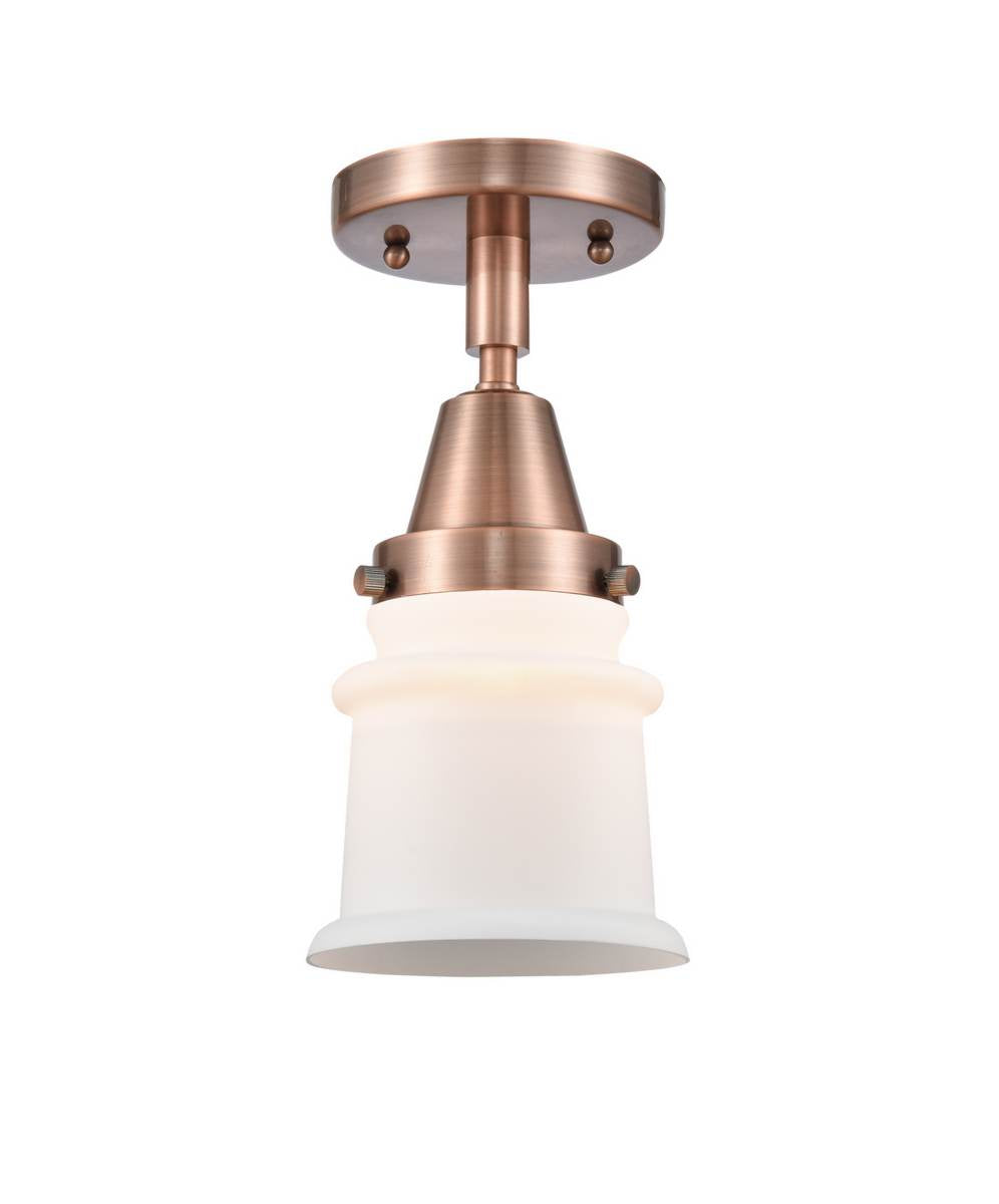 447-1C-AC-G181S 1-Light 6" Antique Copper Flush Mount - Matte White Small Canton Glass - LED Bulb - Dimmensions: 6 x 6 x 10 - Sloped Ceiling Compatible: No