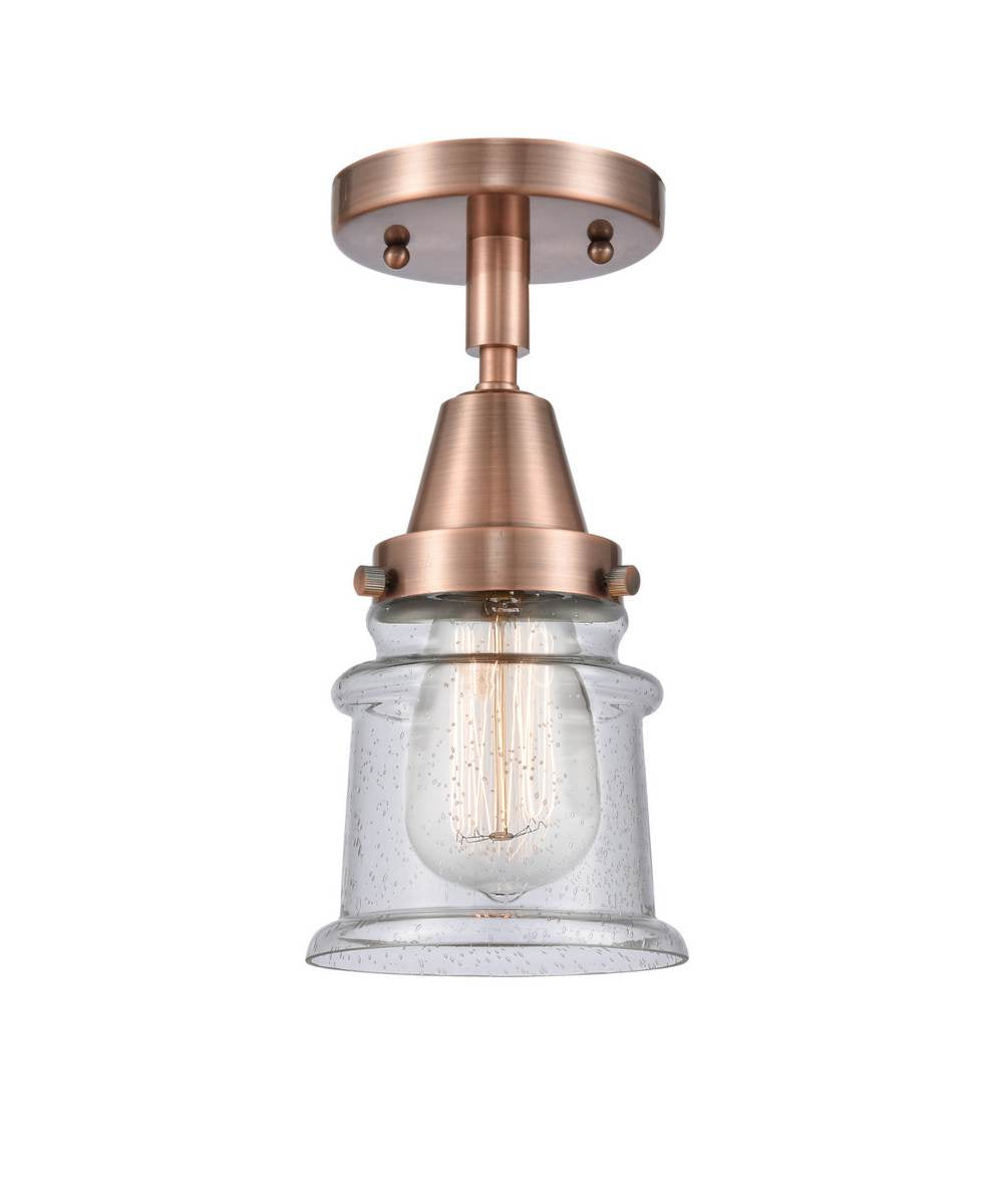 447-1C-AC-G184S 1-Light 6" Antique Copper Flush Mount - Seedy Small Canton Glass - LED Bulb - Dimmensions: 6 x 6 x 10 - Sloped Ceiling Compatible: No