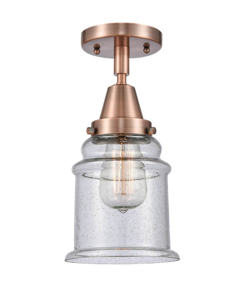 447-1C-AC-G184 1-Light 6" Antique Copper Flush Mount - Seedy Canton Glass - LED Bulb - Dimmensions: 6 x 6 x 10 - Sloped Ceiling Compatible: No