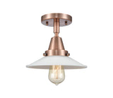 447-1C-AC-G1 1-Light 8.5" Antique Copper Flush Mount - White Halophane Glass - LED Bulb - Dimmensions: 8.5 x 8.5 x 7 - Sloped Ceiling Compatible: No