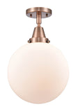 447-1C-AC-G201-10 1-Light 10" Antique Copper Flush Mount - Matte White Cased Beacon Glass - LED Bulb - Dimmensions: 10 x 10 x 12.5 - Sloped Ceiling Compatible: No