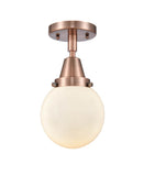 447-1C-AC-G201-6 1-Light 6" Antique Copper Flush Mount - Matte White Cased Beacon Glass - LED Bulb - Dimmensions: 6 x 6 x 10.75 - Sloped Ceiling Compatible: No