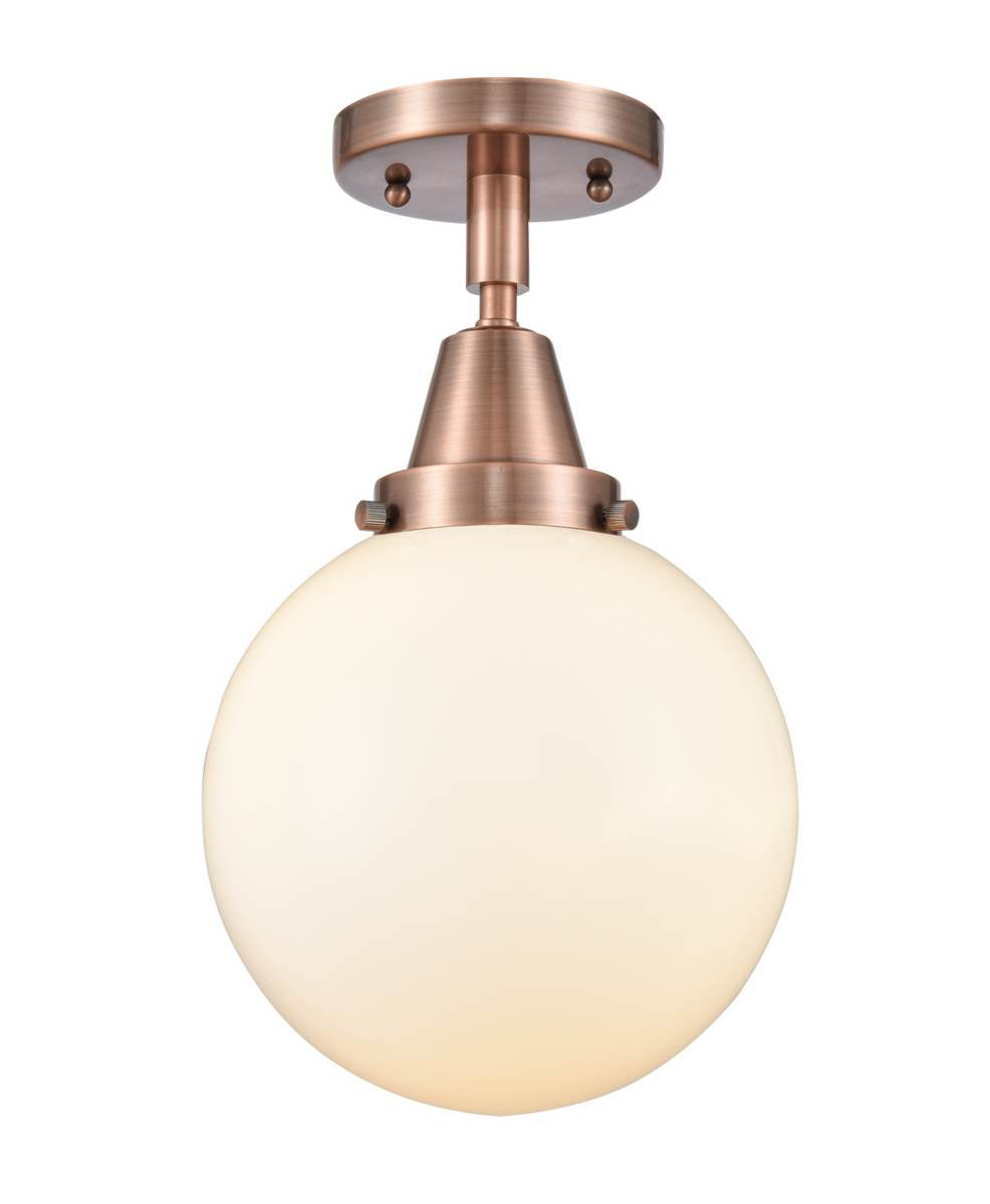 447-1C-AC-G201-8 1-Light 8" Antique Copper Flush Mount - Matte White Cased Beacon Glass - LED Bulb - Dimmensions: 8 x 8 x 12.75 - Sloped Ceiling Compatible: No
