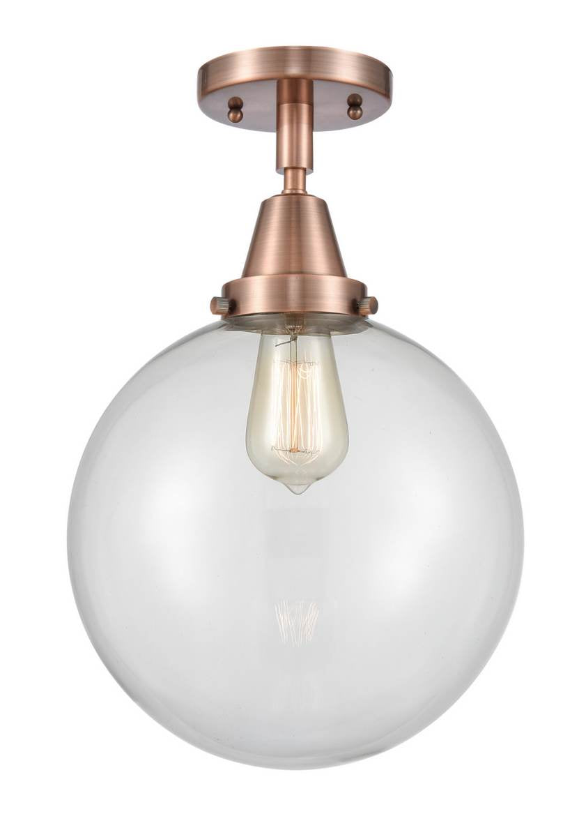 447-1C-AC-G202-10 1-Light 10" Antique Copper Flush Mount - Clear Beacon Glass - LED Bulb - Dimmensions: 10 x 10 x 12.5 - Sloped Ceiling Compatible: No