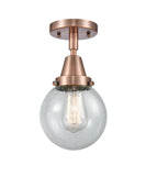 447-1C-AC-G204-6 1-Light 6" Antique Copper Flush Mount - Seedy Beacon Glass - LED Bulb - Dimmensions: 6 x 6 x 10.75 - Sloped Ceiling Compatible: No