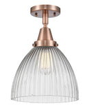 447-1C-AC-G222 1-Light 9.5" Antique Copper Flush Mount - Clear Halophane Seneca Falls Glass - LED Bulb - Dimmensions: 9.5 x 9.5 x 12.5 - Sloped Ceiling Compatible: No