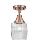 447-1C-AC-G302 1-Light 5.5" Antique Copper Flush Mount - Thick Clear Halophane Colton Glass - LED Bulb - Dimmensions: 5.5 x 5.5 x 10.5 - Sloped Ceiling Compatible: No