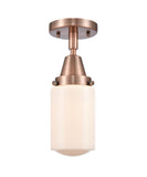 447-1C-AC-G311 1-Light 4.5" Antique Copper Flush Mount - Matte White Cased Dover Glass - LED Bulb - Dimmensions: 4.5 x 4.5 x 9.75 - Sloped Ceiling Compatible: No
