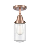 447-1C-AC-G312 1-Light 4.5" Antique Copper Flush Mount - Clear Dover Glass - LED Bulb - Dimmensions: 4.5 x 4.5 x 9.75 - Sloped Ceiling Compatible: No