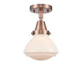 447-1C-AC-G321 1-Light 6.75" Antique Copper Flush Mount - Matte White Olean Glass - LED Bulb - Dimmensions: 6.75 x 6.75 x 7.75 - Sloped Ceiling Compatible: No