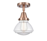 447-1C-AC-G322 1-Light 6.75" Antique Copper Flush Mount - Clear Olean Glass - LED Bulb - Dimmensions: 6.75 x 6.75 x 7.75 - Sloped Ceiling Compatible: No