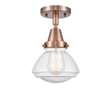 447-1C-AC-G324 1-Light 6.75" Antique Copper Flush Mount - Seedy Olean Glass - LED Bulb - Dimmensions: 6.75 x 6.75 x 7.75 - Sloped Ceiling Compatible: No