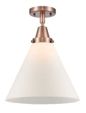 447-1C-AC-G41-L 1-Light 12" Antique Copper Flush Mount - Matte White Cased Cone 12" Glass - LED Bulb - Dimmensions: 12 x 12 x 15.5 - Sloped Ceiling Compatible: No