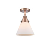 447-1C-AC-G41 1-Light 7.75" Antique Copper Flush Mount - Matte White Cased Large Cone Glass - LED Bulb - Dimmensions: 7.75 x 7.75 x 11 - Sloped Ceiling Compatible: No