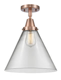 447-1C-AC-G42-L 1-Light 12" Antique Copper Flush Mount - Clear Cone 12" Glass - LED Bulb - Dimmensions: 12 x 12 x 15.5 - Sloped Ceiling Compatible: No