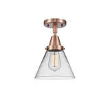 447-1C-AC-G42 1-Light 7.75" Antique Copper Flush Mount - Clear Large Cone Glass - LED Bulb - Dimmensions: 7.75 x 7.75 x 11 - Sloped Ceiling Compatible: No