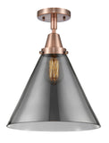 447-1C-AC-G43-L 1-Light 12" Antique Copper Flush Mount - Plated Smoke Cone 12" Glass - LED Bulb - Dimmensions: 12 x 12 x 15.5 - Sloped Ceiling Compatible: No
