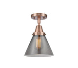 447-1C-AC-G43 1-Light 7.75" Antique Copper Flush Mount - Plated Smoke Large Cone Glass - LED Bulb - Dimmensions: 7.75 x 7.75 x 11 - Sloped Ceiling Compatible: No