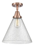 447-1C-AC-G44-L 1-Light 12" Antique Copper Flush Mount - Seedy Cone 12" Glass - LED Bulb - Dimmensions: 12 x 12 x 15.5 - Sloped Ceiling Compatible: No