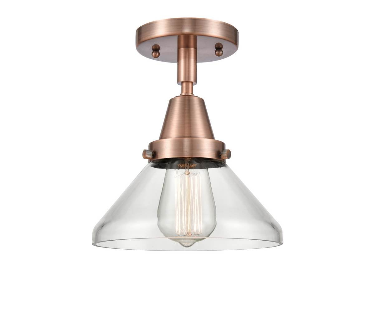 447-1C-AC-G4472 1-Light 8" Antique Copper Flush Mount - Clear Caden Glass - LED Bulb - Dimmensions: 8 x 8 x 7 - Sloped Ceiling Compatible: No