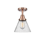 447-1C-AC-G44 1-Light 7.75" Antique Copper Flush Mount - Seedy Large Cone Glass - LED Bulb - Dimmensions: 7.75 x 7.75 x 11 - Sloped Ceiling Compatible: No