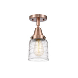 447-1C-AC-G513 1-Light 5" Antique Copper Flush Mount - Clear Deco Swirl Small Bell Glass - LED Bulb - Dimmensions: 5 x 5 x 10 - Sloped Ceiling Compatible: No