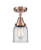 447-1C-AC-G52 1-Light 5" Antique Copper Flush Mount - Clear Small Bell Glass - LED Bulb - Dimmensions: 5 x 5 x 10 - Sloped Ceiling Compatible: No
