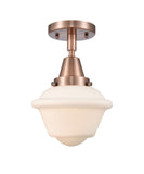 447-1C-AC-G531 1-Light 7.5" Antique Copper Flush Mount - Matte White Cased Small Oxford Glass - LED Bulb - Dimmensions: 7.5 x 7.5 x 9 - Sloped Ceiling Compatible: No