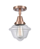447-1C-AC-G532 1-Light 7.5" Antique Copper Flush Mount - Clear Small Oxford Glass - LED Bulb - Dimmensions: 7.5 x 7.5 x 9 - Sloped Ceiling Compatible: No