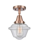 447-1C-AC-G534 1-Light 7.5" Antique Copper Flush Mount - Seedy Small Oxford Glass - LED Bulb - Dimmensions: 7.5 x 7.5 x 9 - Sloped Ceiling Compatible: No
