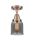 447-1C-AC-G53 1-Light 5" Antique Copper Flush Mount - Plated Smoke Small Bell Glass - LED Bulb - Dimmensions: 5 x 5 x 10 - Sloped Ceiling Compatible: No